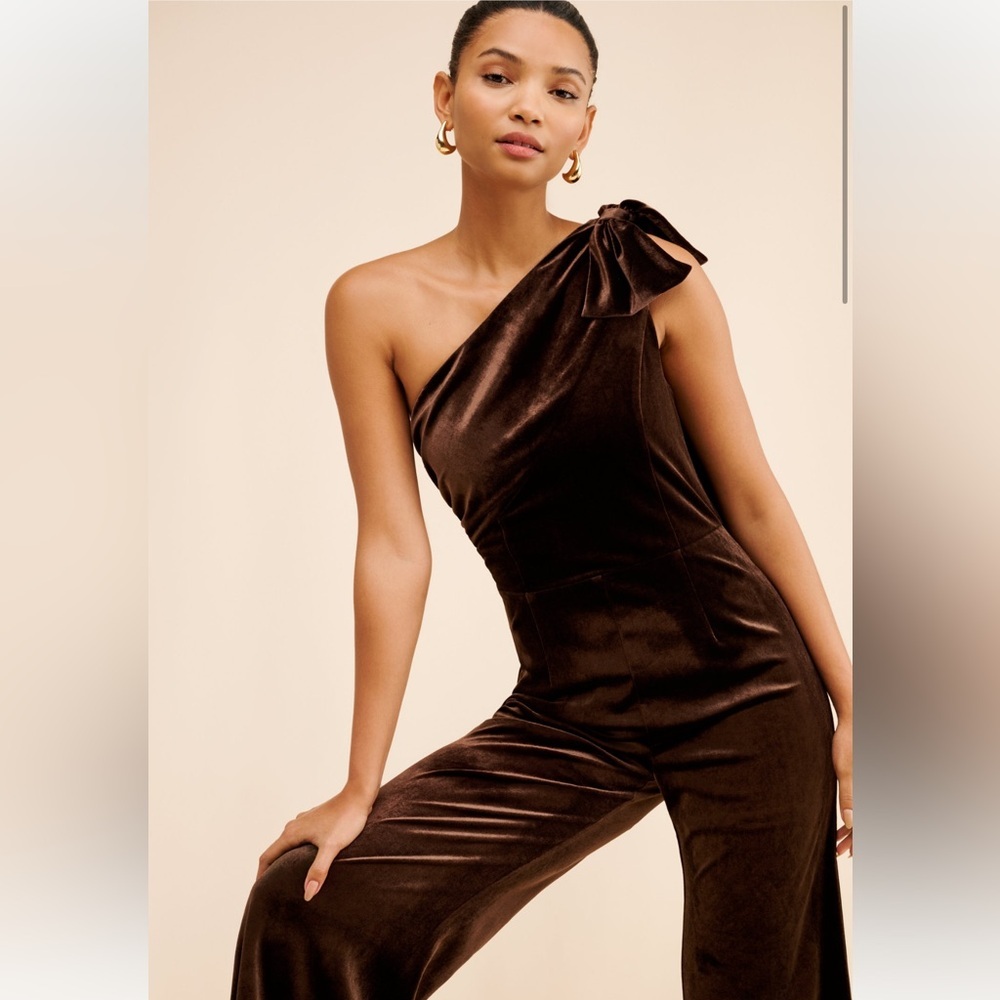 Sarah Hann One Shoulder Brown Velvet Jumpsuit